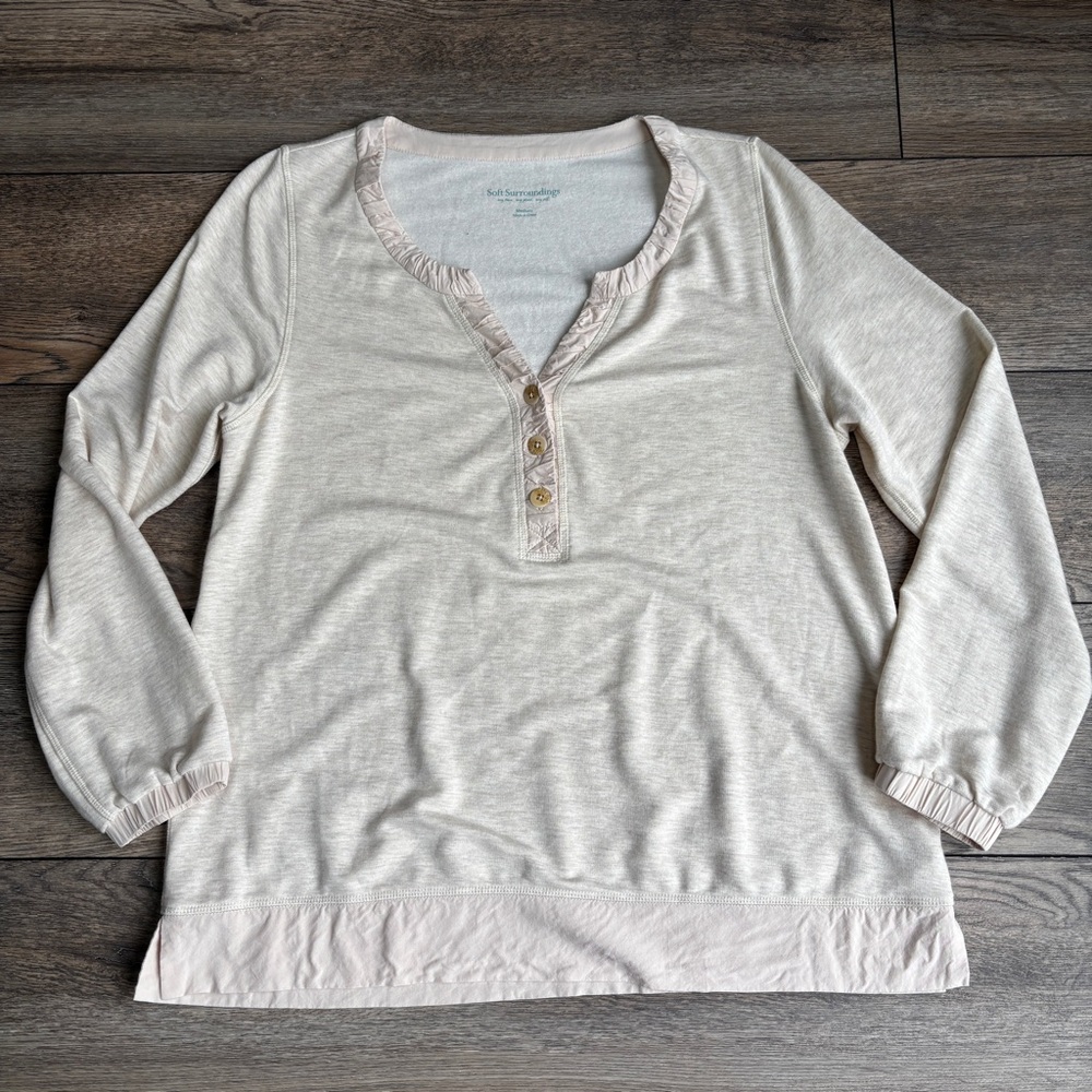Soft Surroundings Rue Cler Long Sleeve Pullover Henley Soft Viscose Cream Medium